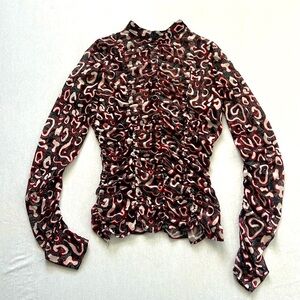 Rebecca Minkoff Long Sleeve Mesh Turtleneck Leopard Print Red Black White XS